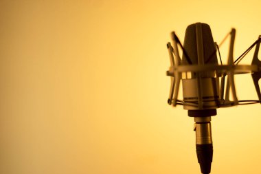 Ses ve müzik stüdyosundaki büyük diyafram mikrofonunu düz arkaplanda seslendirip söylüyor..