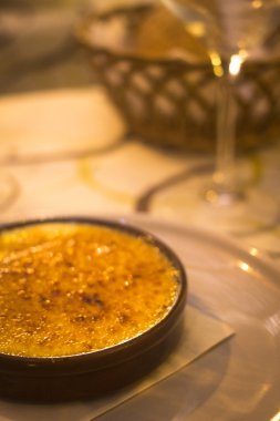 Creme brulee crema Catalana dessert in  restaurant