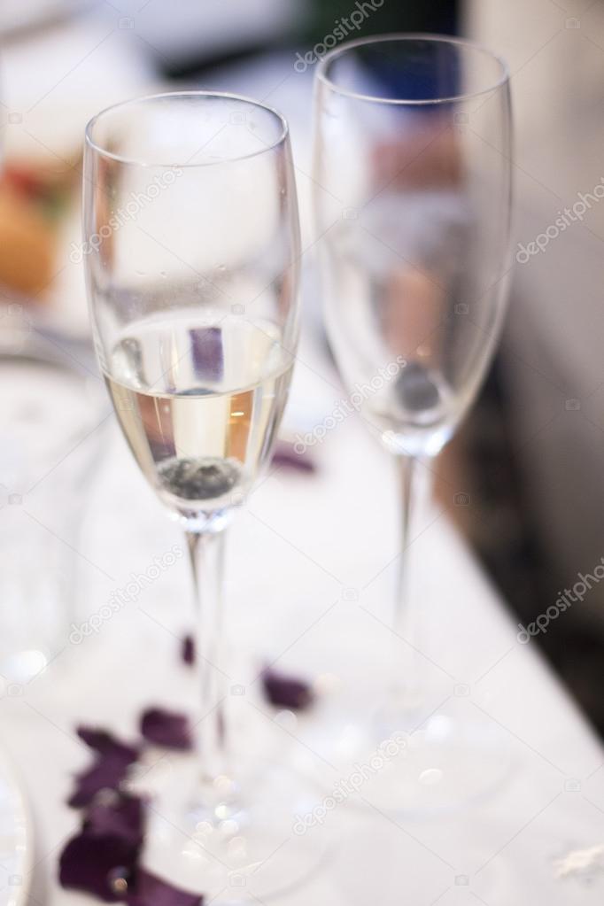 Champagne white wine glasses in wedding party
