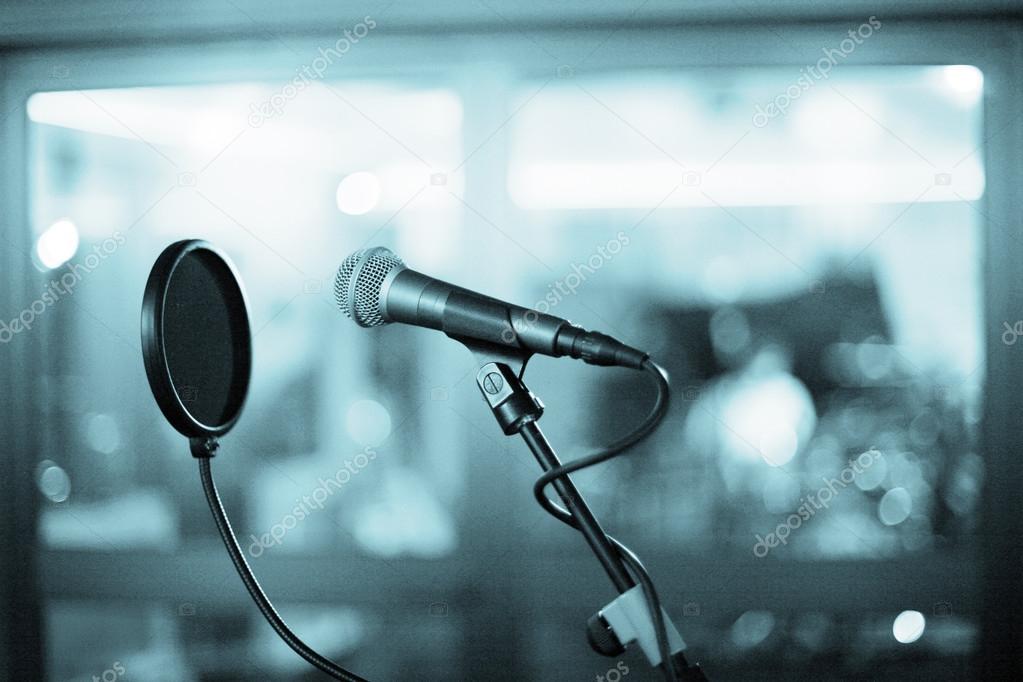 Microphone and pop shield in recording studio