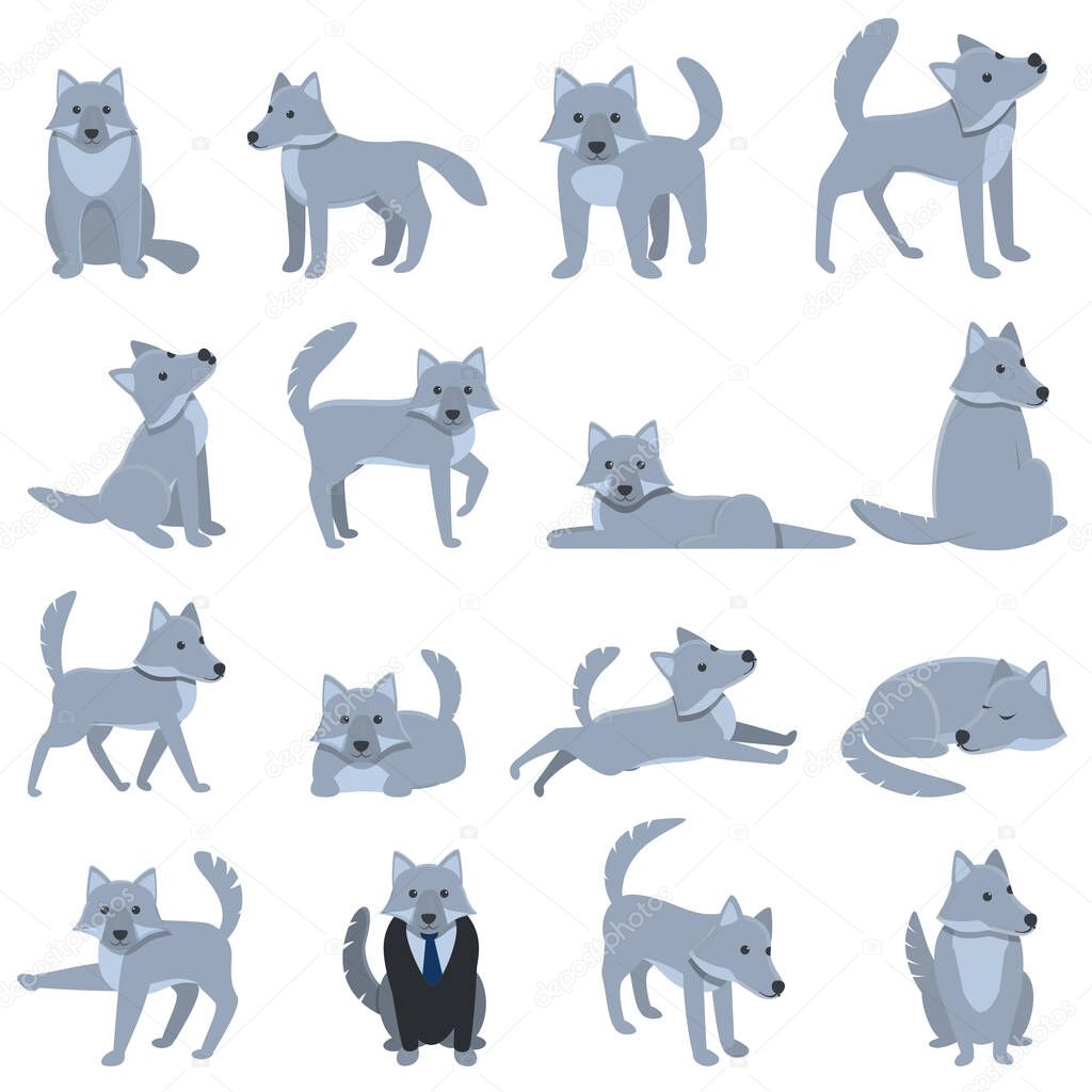 Wolf icons set, cartoon style