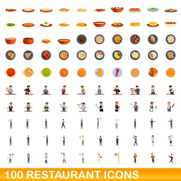 100 ikon restoran diatur, gaya kartun - Stok Vektor