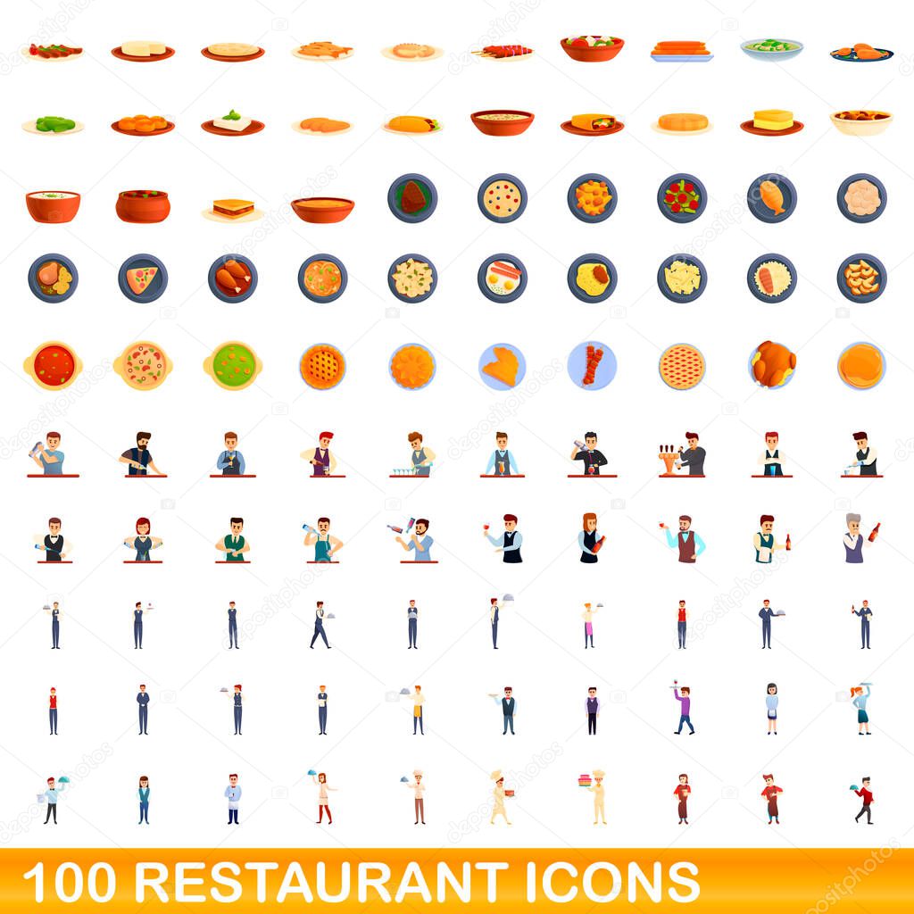 100 restaurant icons set, cartoon style