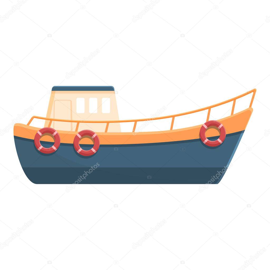 Fishing boat with life buoy icon, cartoon style
