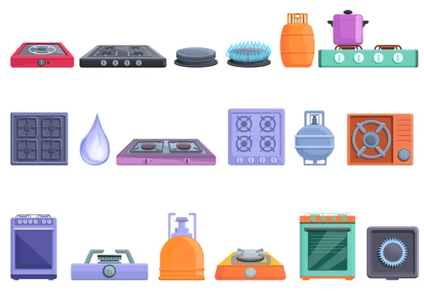 Conjunto de iconos de estufa de gas ardiente, estilo de dibujos animados — Vector de stock