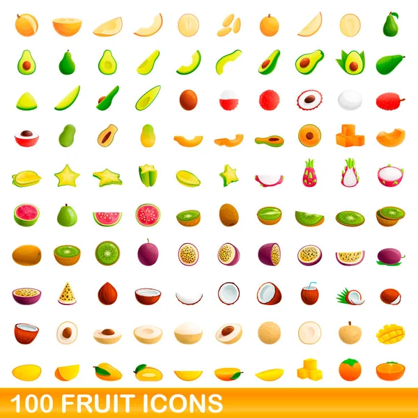 100 iconos de frutas, estilo de dibujos animados — Vector de stock