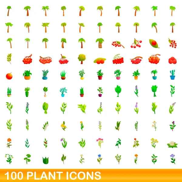 100個の植物のアイコンセット、漫画スタイル — ストックベクタ