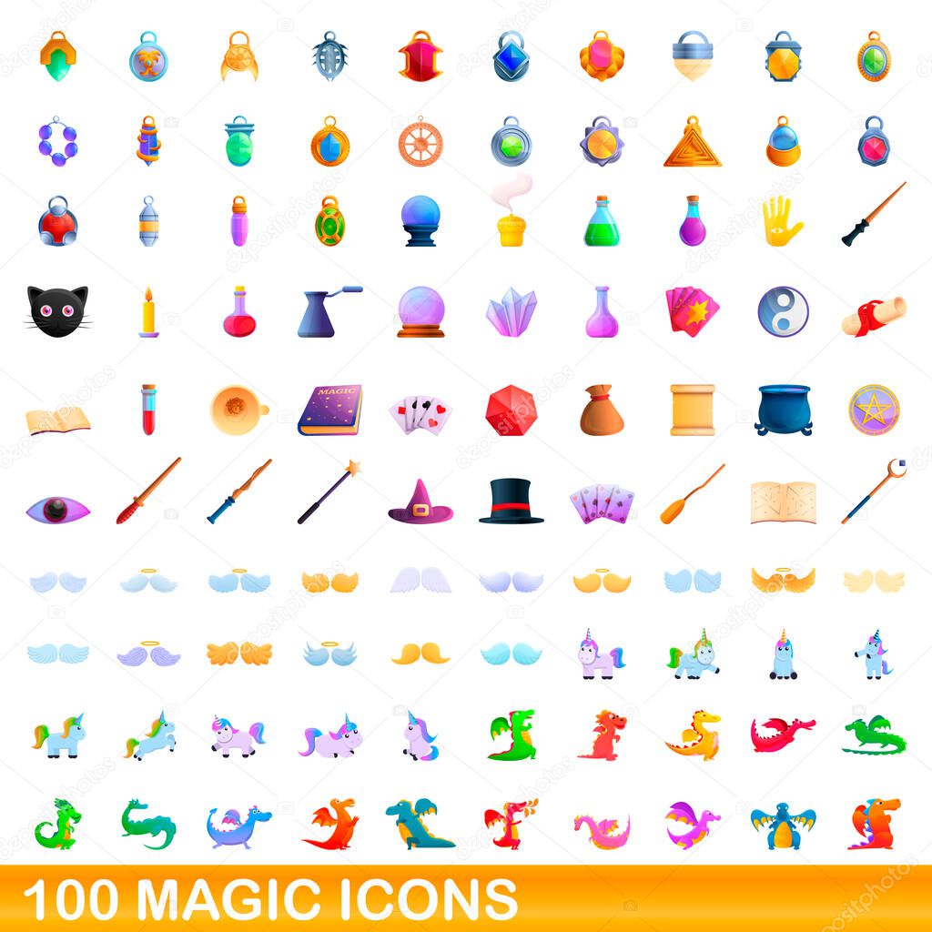 100 magic icons set, cartoon style