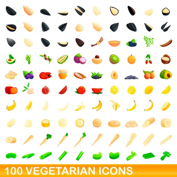 100 vegetarische iconen set, cartoon stijl — Stockvector