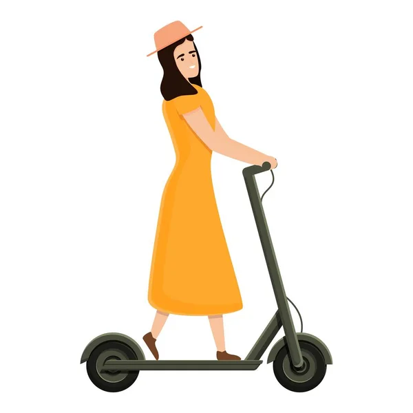 Dziewczyna z kapeluszem elektryczny skuter ikona, styl kreskówki — Wektor stockowy