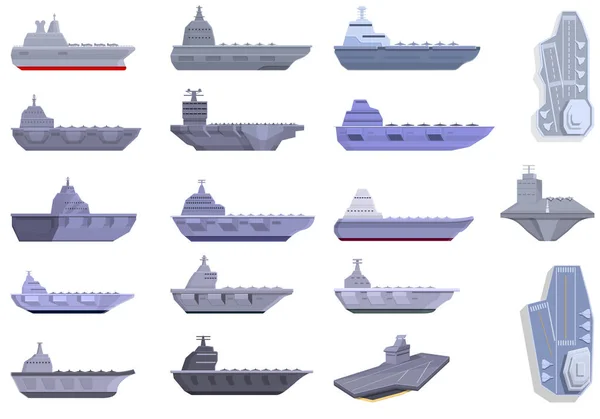 Conjunto de ícones de porta-aviões, estilo cartoon — Vetor de Stock