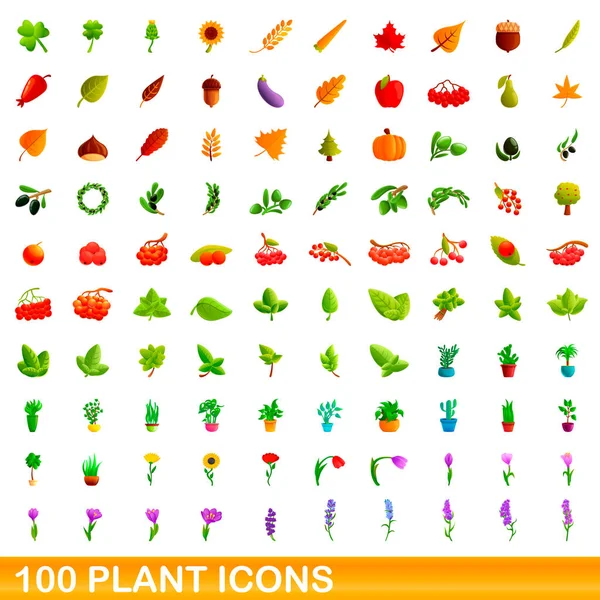 100個の植物のアイコンセット、漫画スタイル — ストックベクタ