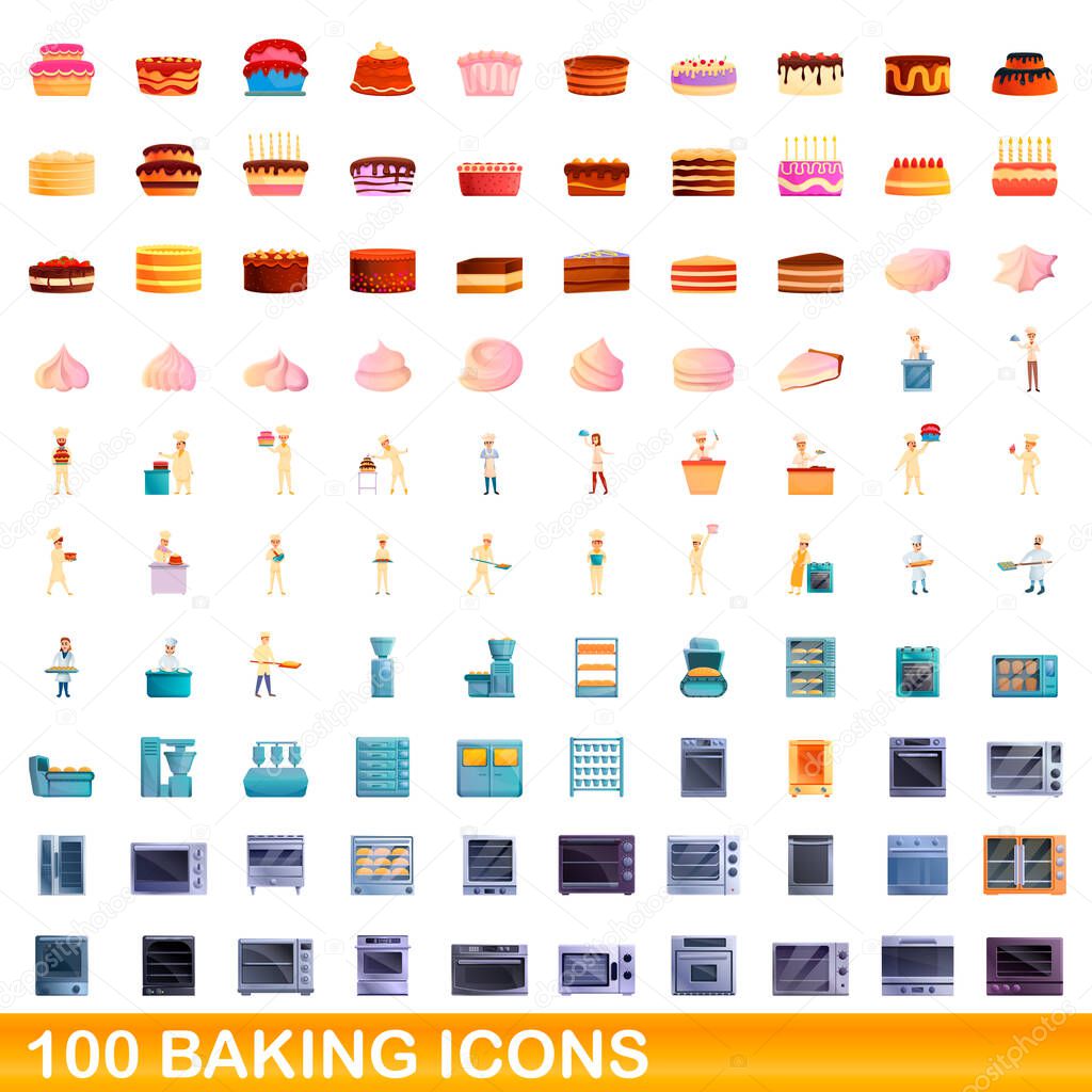 100 baking icons set, cartoon style