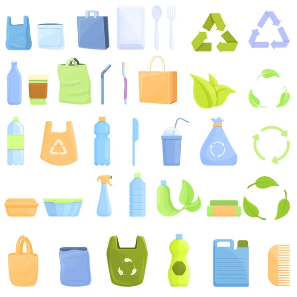 Conjunto de iconos de plástico biodegradable, estilo de dibujos animados — Vector de stock