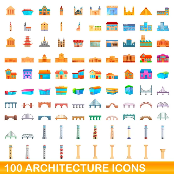 100 ikon arsitektur diatur, gaya kartun Stok Ilustrasi 
