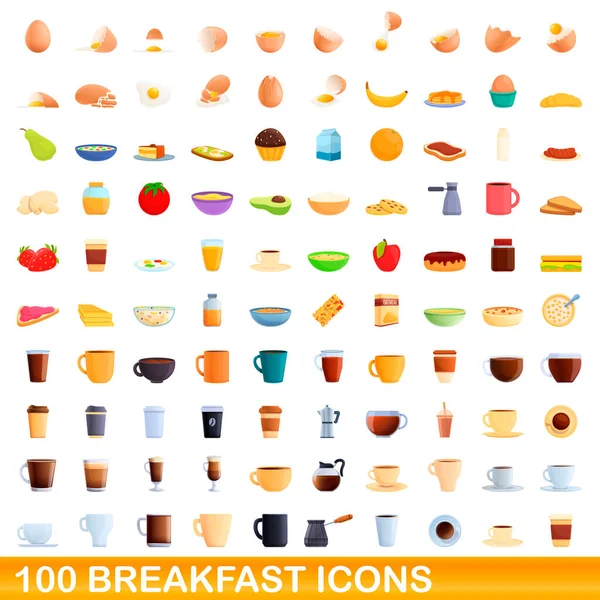 100 іконок сніданку, мультиплікаційний стиль — стоковий вектор