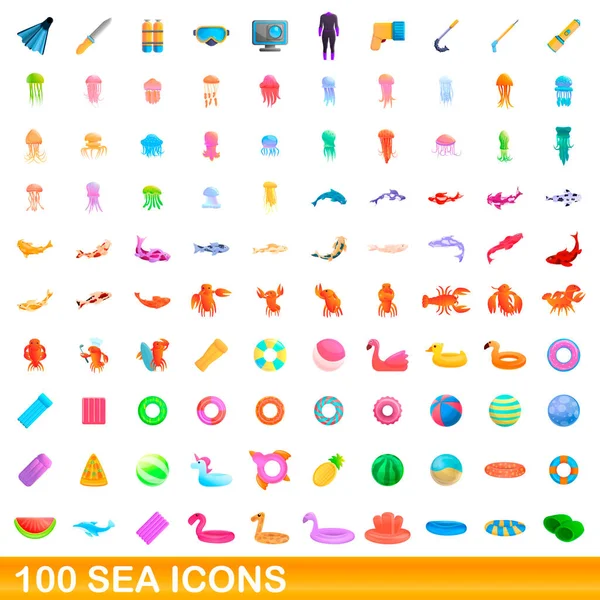 100 iconos de mar conjunto, estilo de dibujos animados — Vector de stock