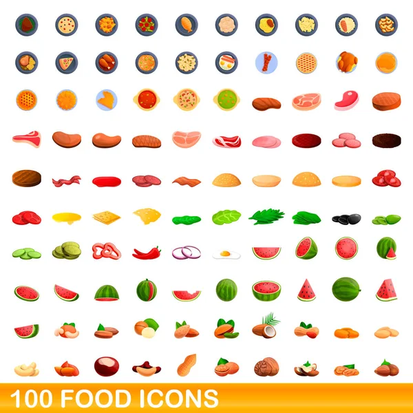 100 voedsel pictogrammen set, cartoon stijl — Stockvector