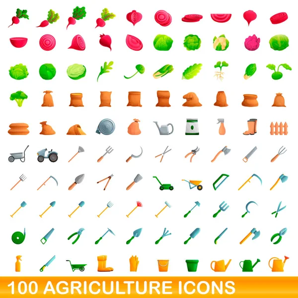 100 mezőgazdasági ikonok készlet, rajzfilm stílus — Stock Vector