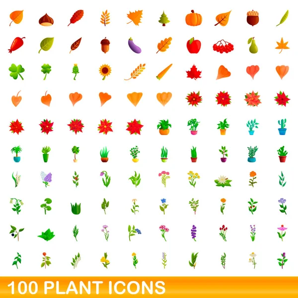 100 növényi ikonok készlet, rajzfilm stílus — Stock Vector