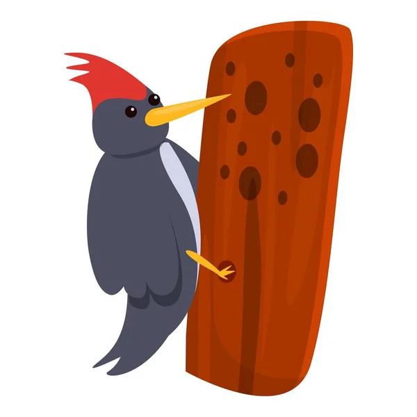 Pájaro carpintero en el icono del árbol, estilo de dibujos animados — Vector de stock