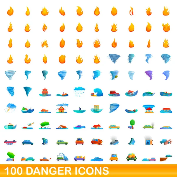 100 ícones de perigo conjunto, estilo cartoon — Vetor de Stock