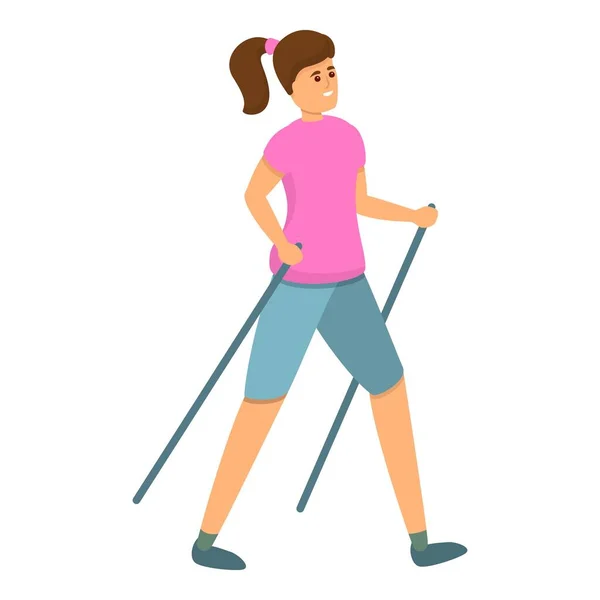 Mujer nórdica caminar icono, estilo de dibujos animados — Vector de stock