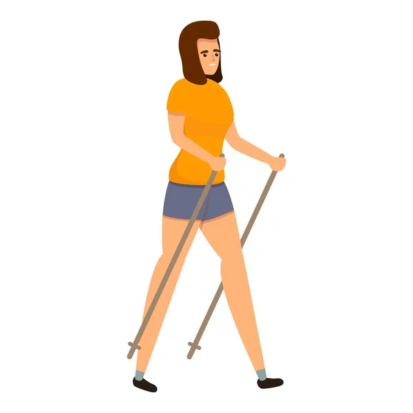 Uśmiechnięta kobieta nordic walking ikona, styl kreskówki — Wektor stockowy