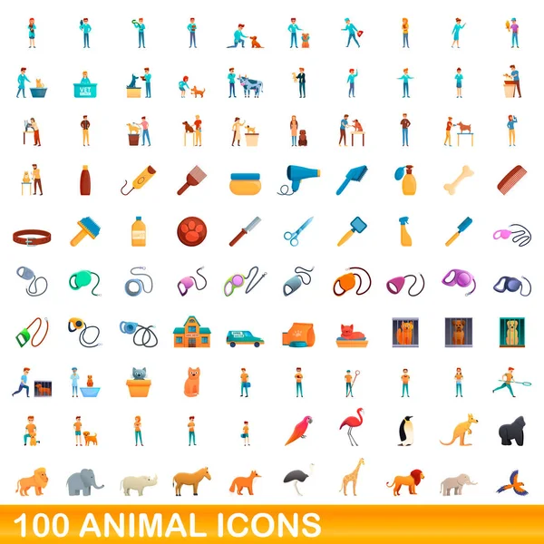 100 zestaw ikon zwierząt, styl kreskówki — Wektor stockowy