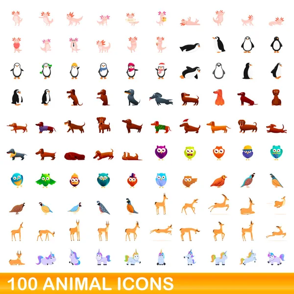 100 Animal Icons Set im Cartoon-Stil — Stockvektor