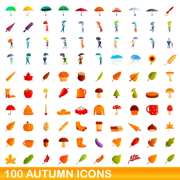 100 iconos de otoño conjunto, estilo de dibujos animados — Vector de stock