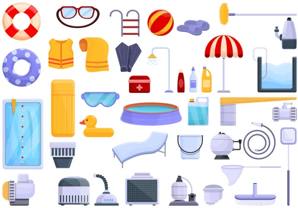 Equipment for pool icons set, cartoon style — Stock Vector