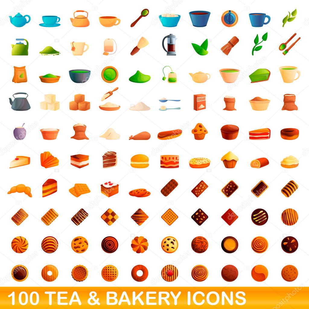 100 tea and bakery icons set, cartoon style