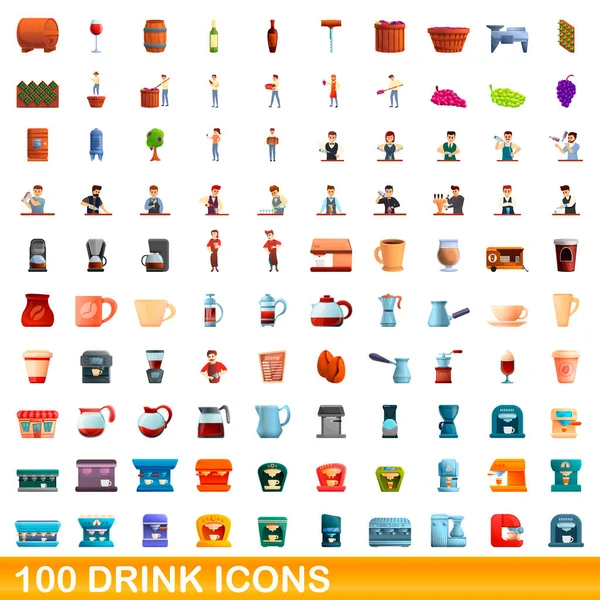 100 iconos de la bebida conjunto, estilo de dibujos animados — Vector de stock