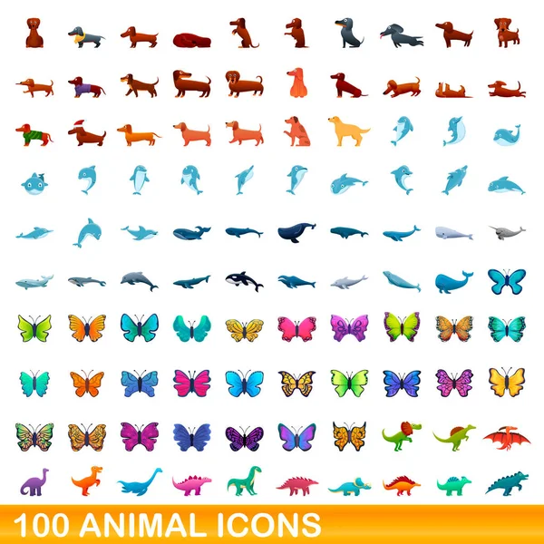100 conjunto de ícones animais, estilo cartoon — Vetor de Stock