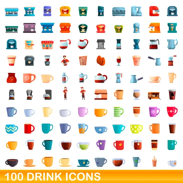 100 iconos de la bebida conjunto, estilo de dibujos animados — Vector de stock