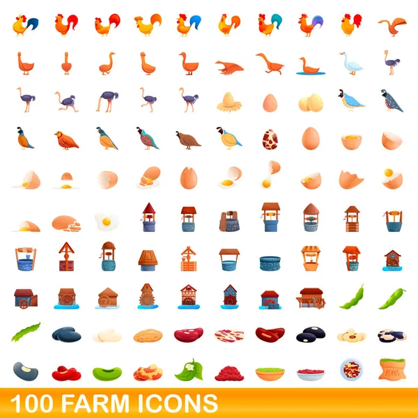100 개의 농장 아이콘, 만화 스타일 — 스톡 벡터