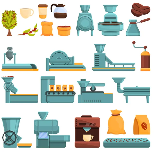 Set ikon produksi kopi, gaya kartun - Stok Vektor