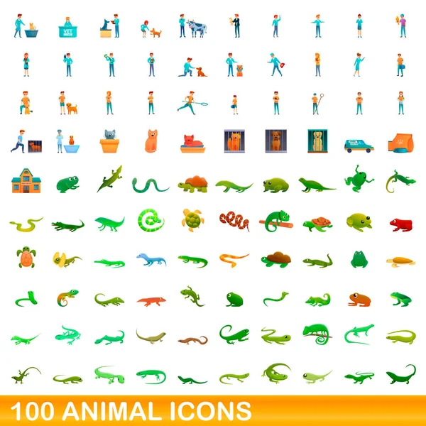 Набор из 100 икон животных, стиль мультфильма — стоковый вектор