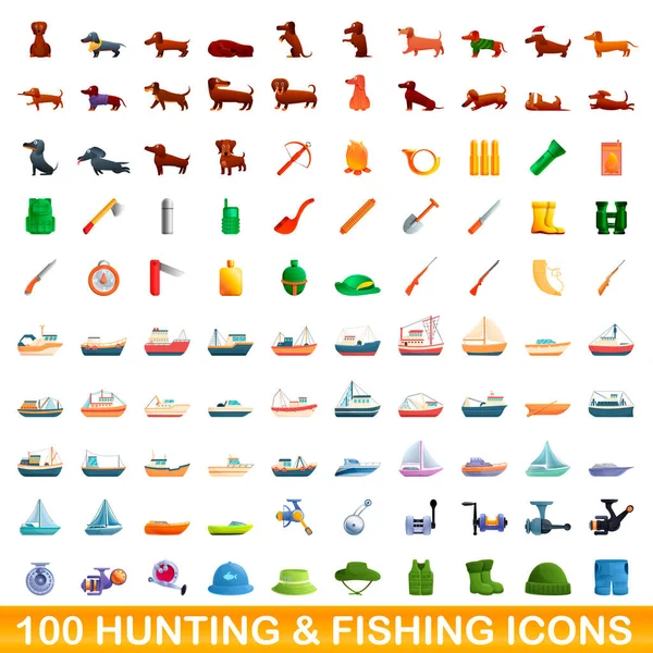 100 conjunto de ícones de caça e pesca, estilo cartoon — Vetor de Stock