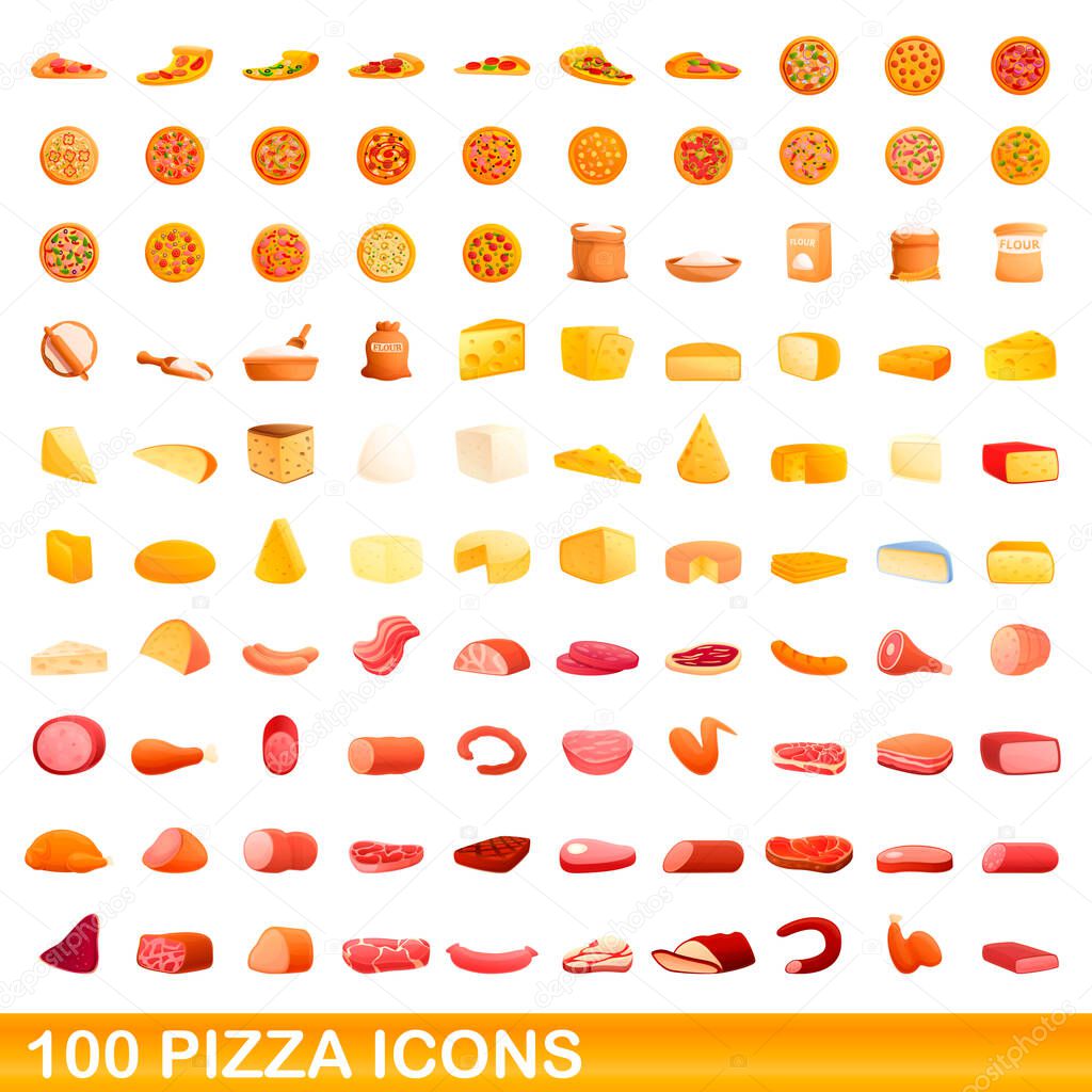 100 pizza icons set, cartoon style