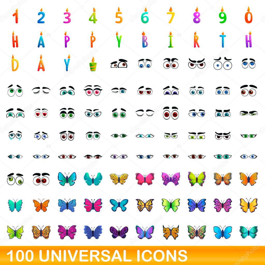 100 universal icons set, cartoon style