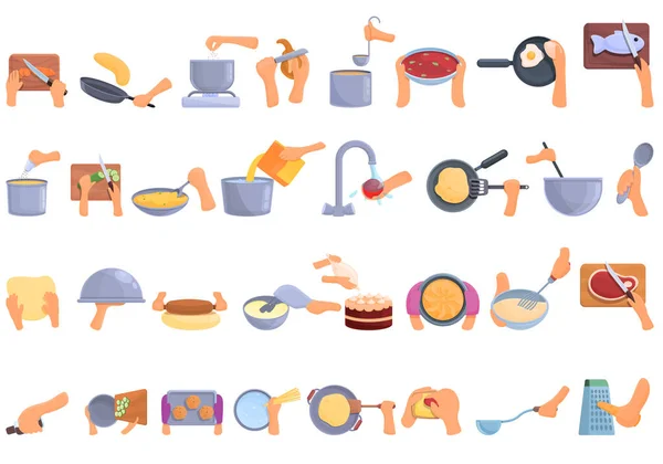 Manos preparando alimentos iconos conjunto, estilo de dibujos animados — Vector de stock