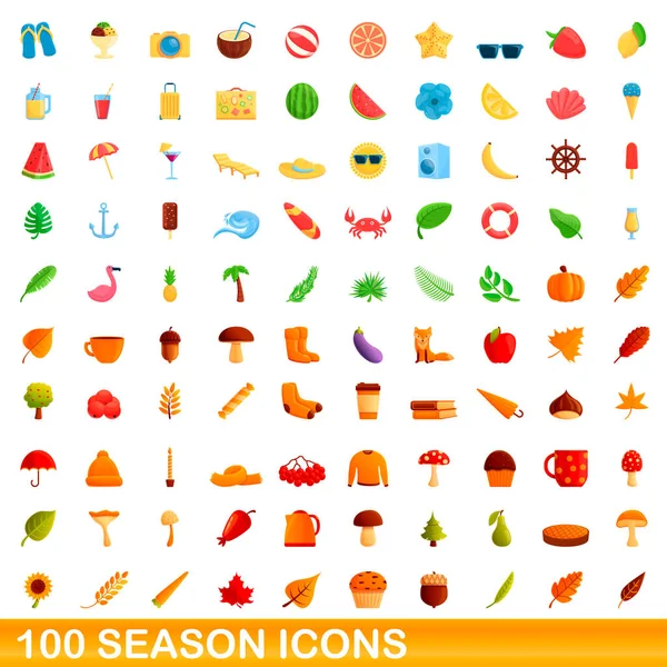 100 iconos de la temporada conjunto, estilo de dibujos animados — Vector de stock