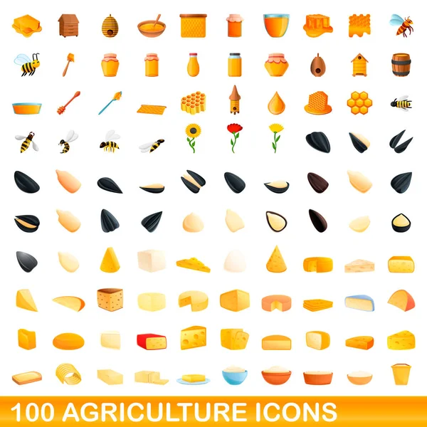 100の農業アイコンセット、漫画スタイル — ストックベクタ