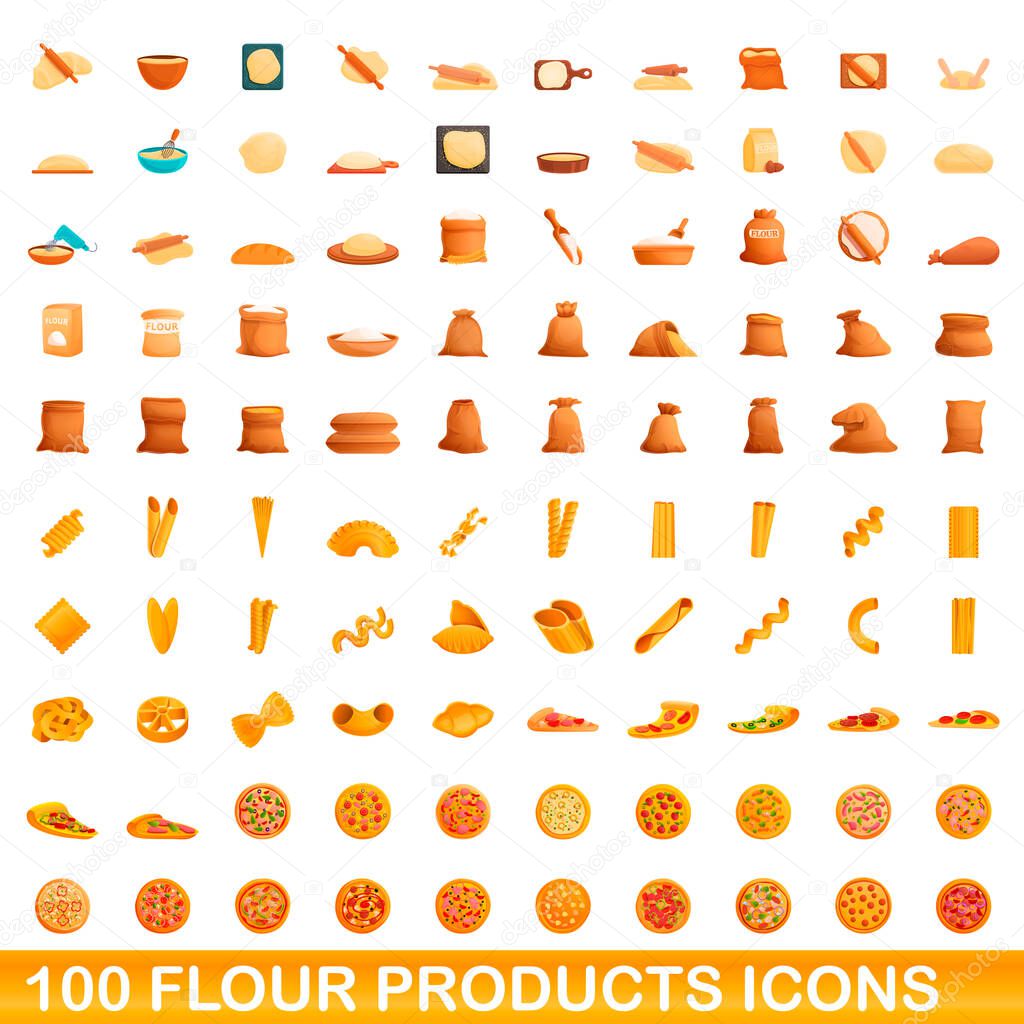 100 flour products icons set, cartoon style