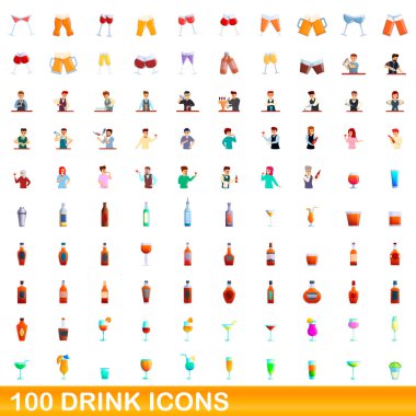 100 içecek ikonu, çizgi film tarzı.