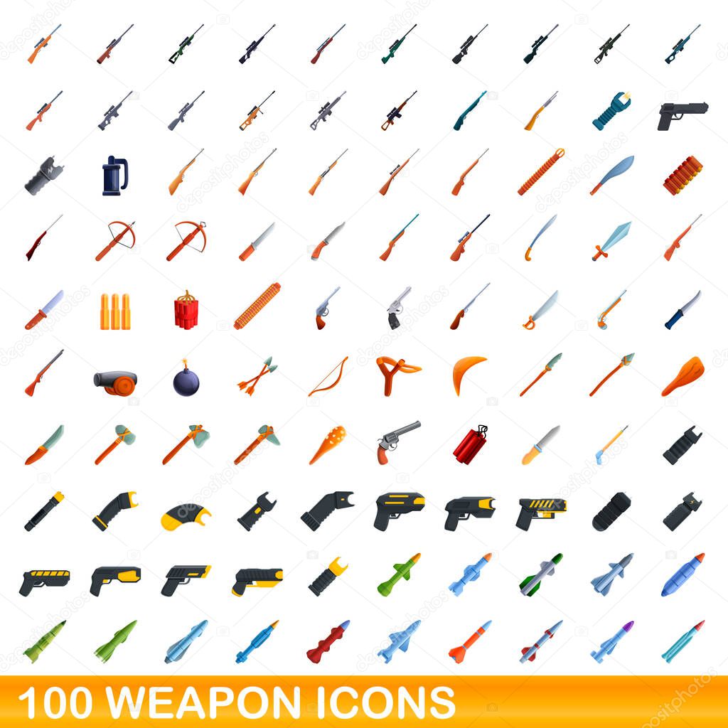 100 weapon icons set, cartoon style