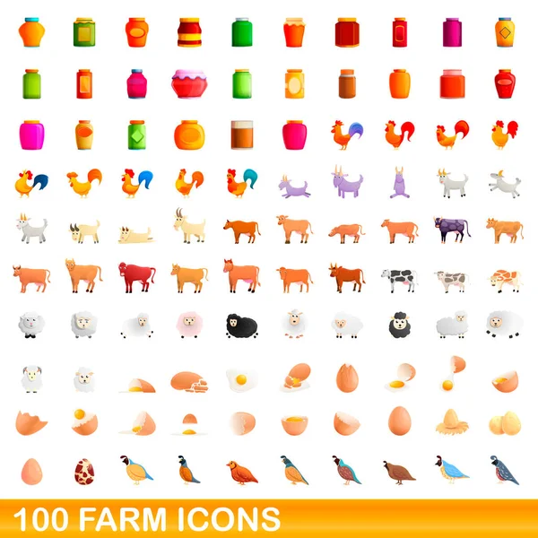 Set di 100 icone della fattoria, stile cartone animato — Vettoriale Stock