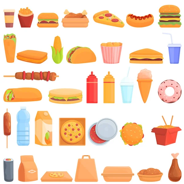 Ensemble d'icônes alimentaires à emporter, style dessin animé — Image vectorielle